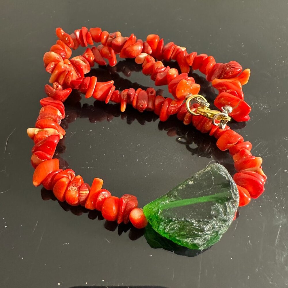 Green Sea Glass Red Coral Pendant Sterling Silver Necklace 925 Handmade Beach - Picture 9 of 11